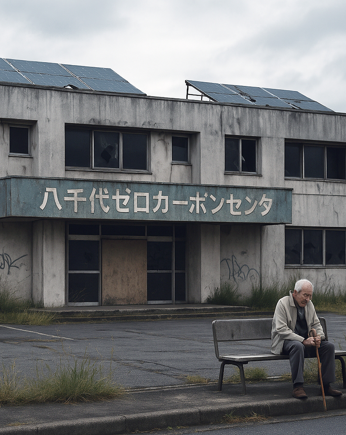 「再生可能エネルギーという未来への切符を見逃す八千代」 | 生成AIが作成した、もしも八千代市が課題を放置した場合の30年後の未来イメージ | 大沢かずはる